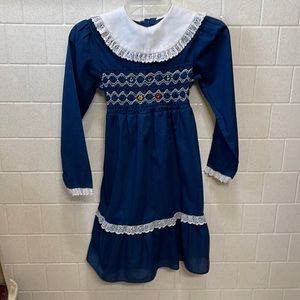 Vintage Girls Navy LS  Dress w/flowers - Hand Smocked by Pioneer size 10